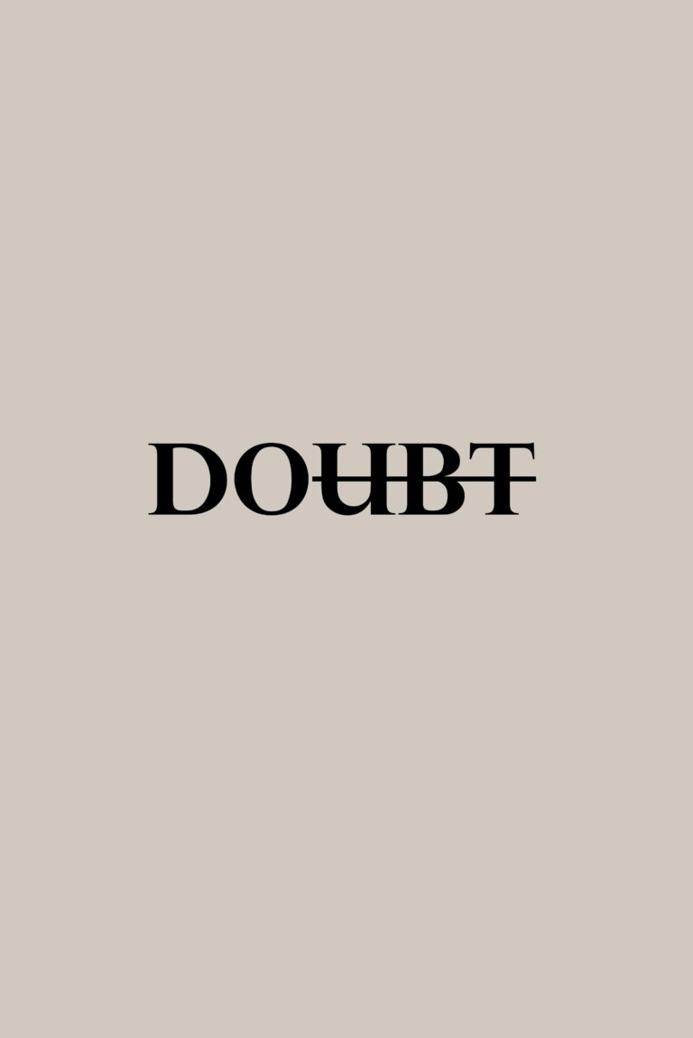 Simple minimalist poster with the word 'Doubt' in bold typography on a gray background.